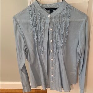 Boden Blue Ruffled Blouse with Mandarin Collar